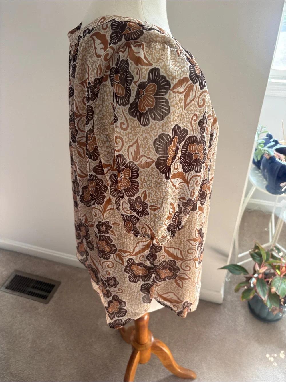 LOFT Cream Blouse with Brown Floral Design